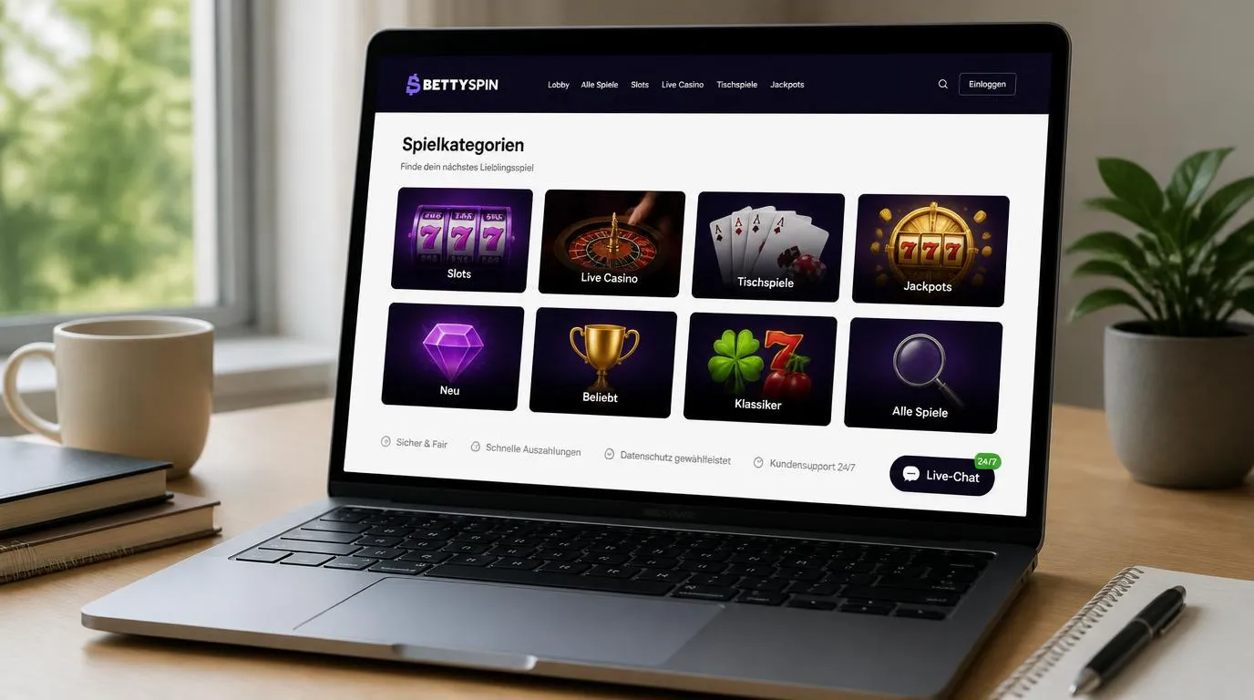 Übersichtliche Casino-Oberfläche mit Spielkategorien und gut sichtbarem Live-Chat rund um die Uhr