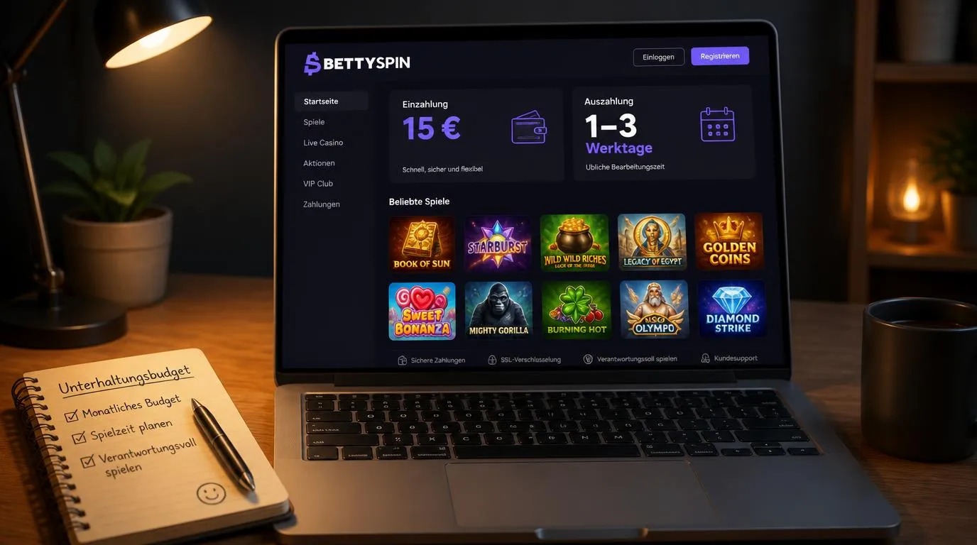 Illustrative Casino-Oberfläche mit 15 € Mindesteinzahlung, Auszahlungszeitraum und Spielkacheln