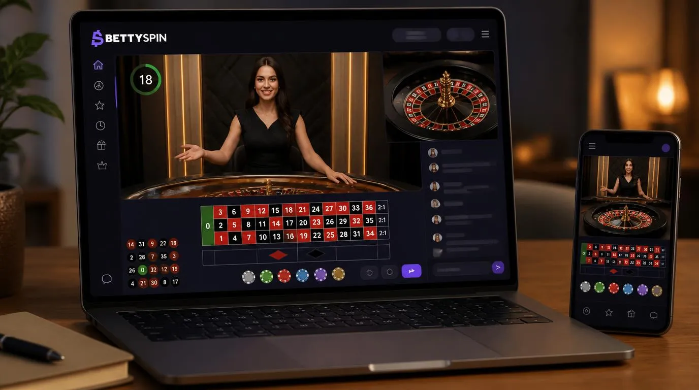 Live-Casino-Oberfläche mit Dealer, Roulette-Tisch, Chat, Wetthistorie und Kameraperspektiven