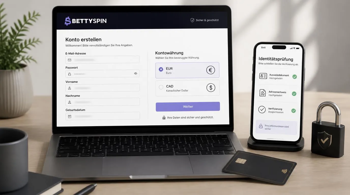 Laptop mit Registrierungsformular und Smartphone mit Checkliste für Ausweis und Adressnachweis