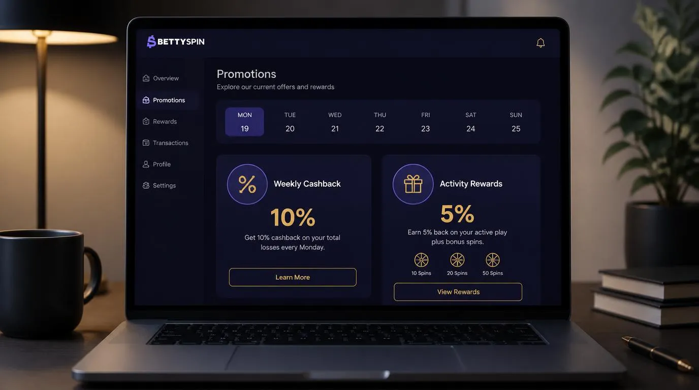 Casino-Dashboard mit Montagskalender, wöchentlichem Cashback und aktivitätsabhängigen Belohnungen
